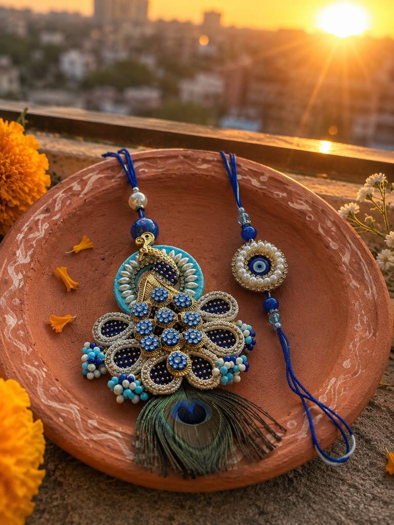 Eternz Certified Jewellery - ABEO INDIA Peacock Majesty Bhaiya Bhabhi Rakhi Set