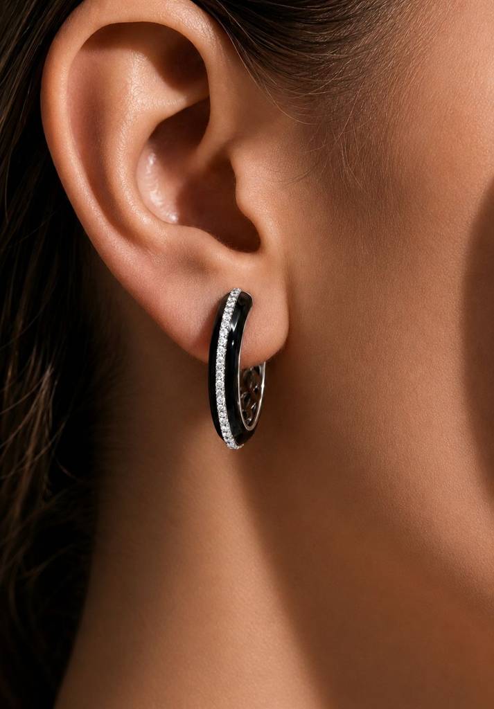 Premium Diamond Studded Black Enamel Women’S Hoop Earrings : 100041