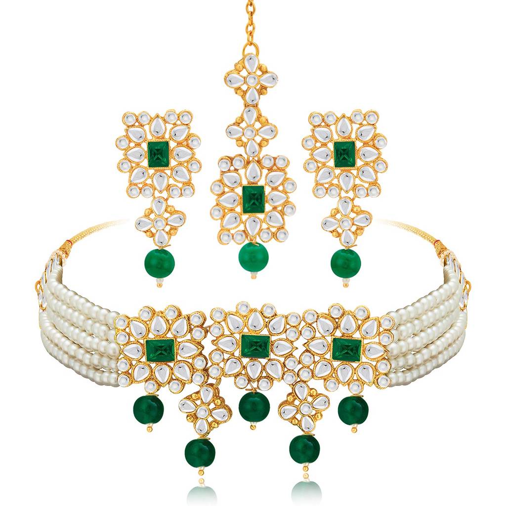 Gold Plated Pearl Beaded Adjustable Choker Necklace With Earring Maang Tikka Jewellery Set For Women : PF37N224WG