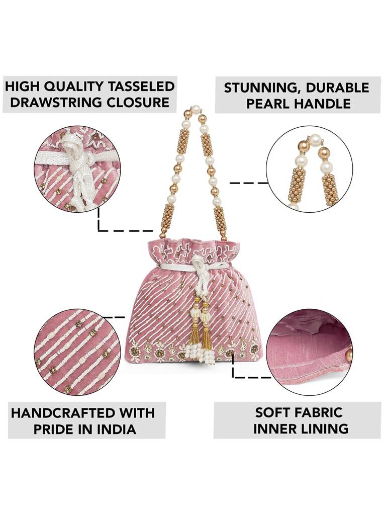 Pink Potli Purses For Women Handmade Evening Handbag Stylish Bridal Fashion Wristlet Bag For Girls (P133Pk) : P133PK