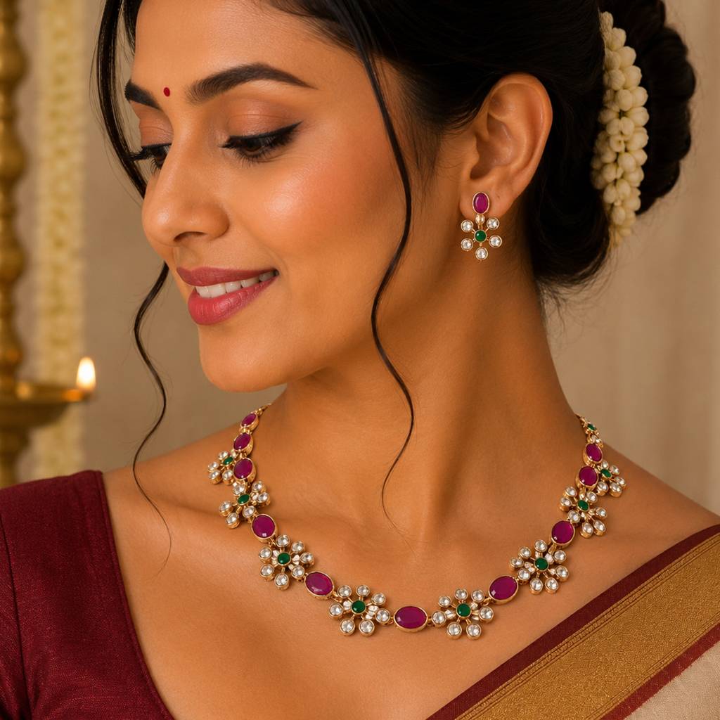 Gold Plated Floral Multicolor Necklace Set | Glam Party Wear Jewellery : OSMJ-023-IG_NKER