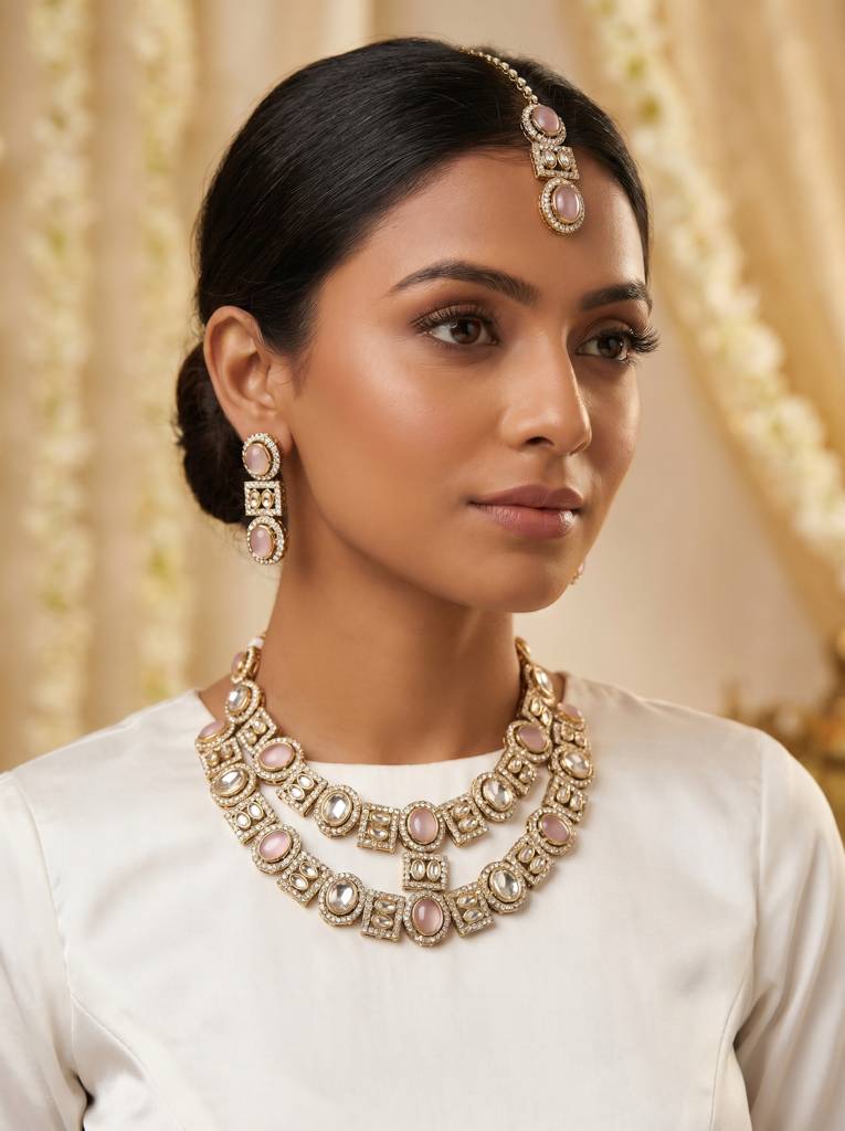 Bridal Double Layer Jewellery Set : HBN-44-PINK
