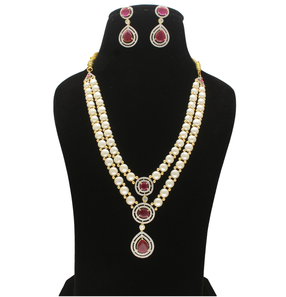 Double Strand Pearl Pendant Necklace Set : JPAPR-26-006