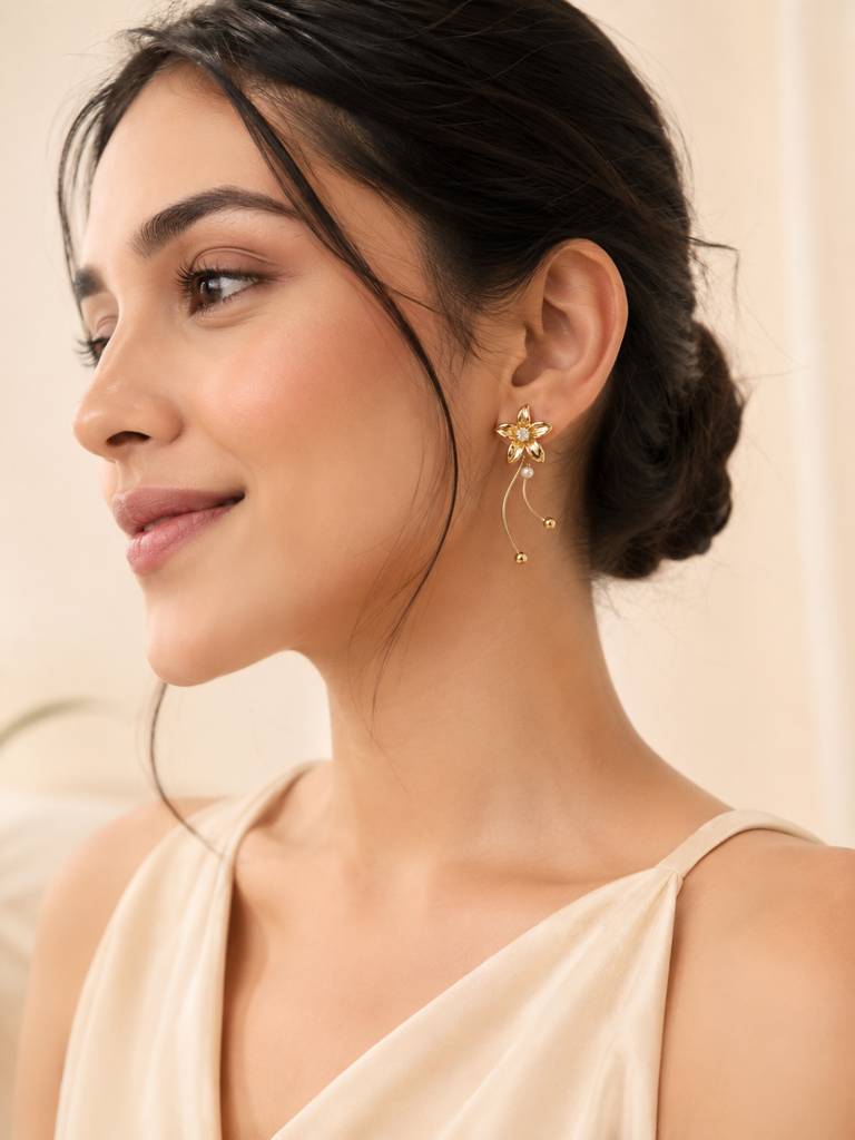 Crystal Pearl Floral Long Drop Earrings : AN-LJ-GO-0091-DE