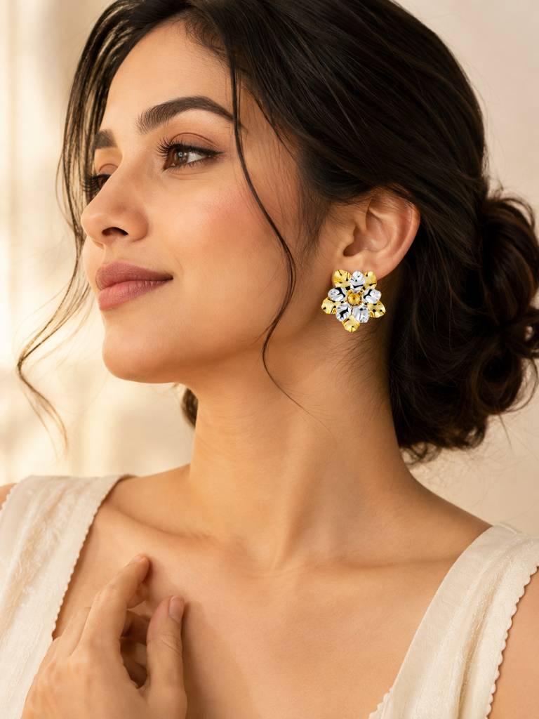 Dual Tone Floral Gold Statement Earrings : AN-LJ-GO-0077-DE