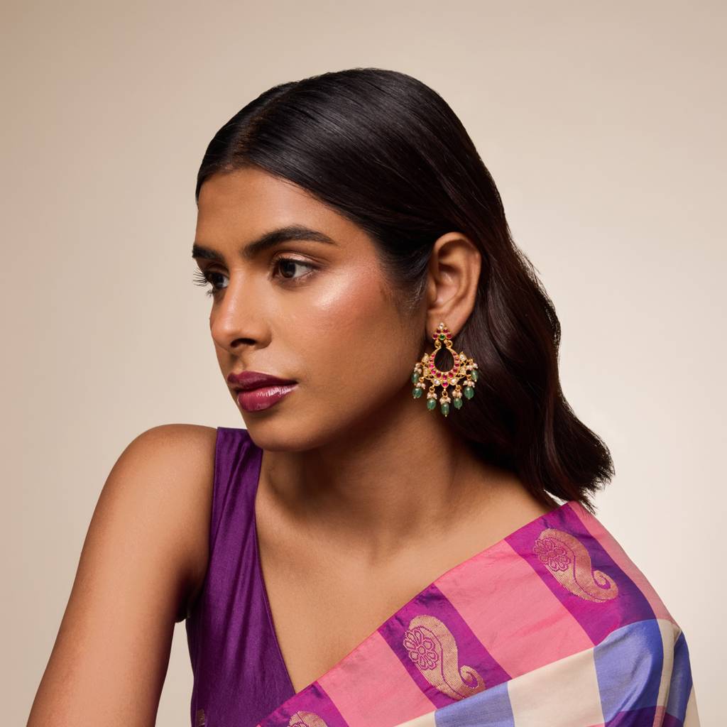 Ruby-Green Gold - Plated Festive Temple Earring - 467834 : 467834