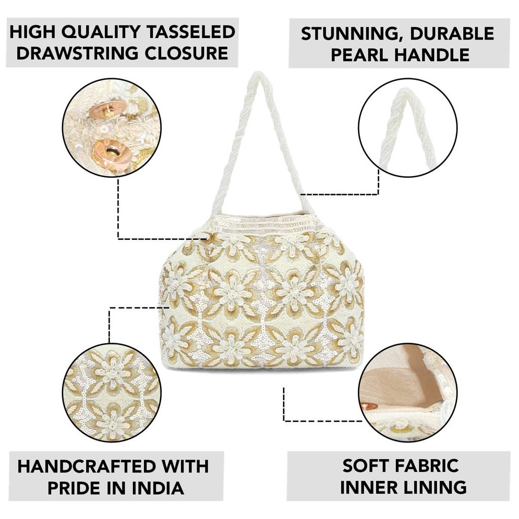 White Embroidery Potli Bag Ethnic Wristlet Purse For Women & Girls : P215W