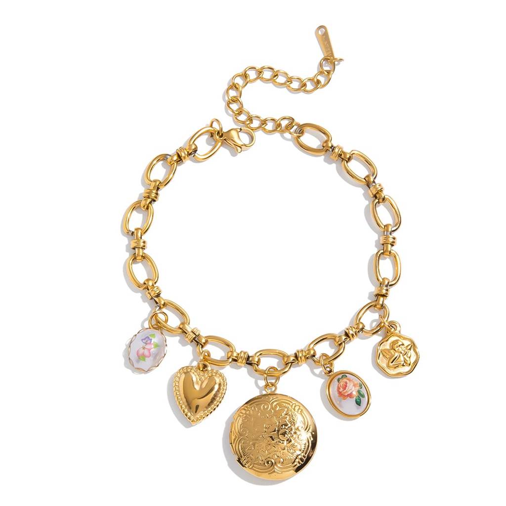 Golden Stainless Steel Premium & Elegant Charm Bracelet For Women – Adjustable Link Chain Bracelet With Floral & He : B0304043