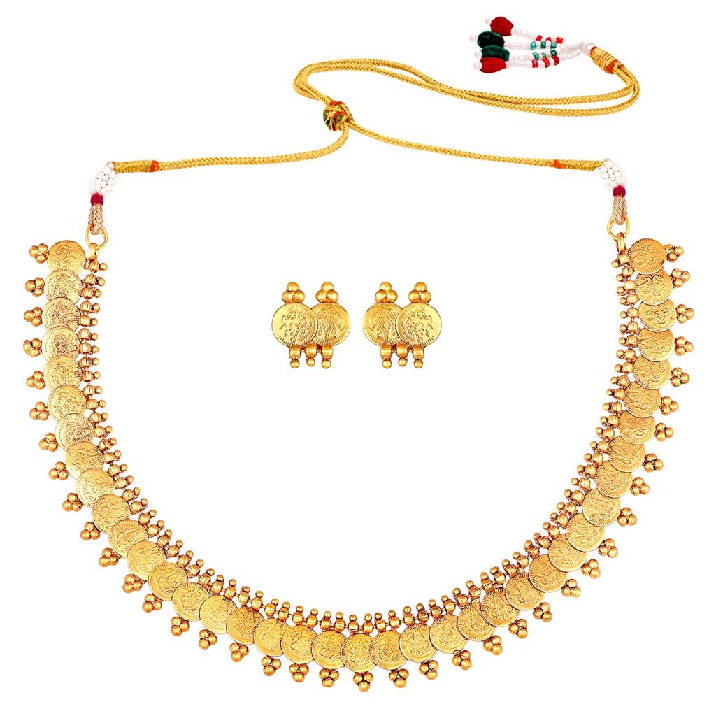 Gold Plated South Indian Traditional Bridal Short Maharani Coin Necklace Earrings Jewellery Sets For Women And Girls : PF04N03