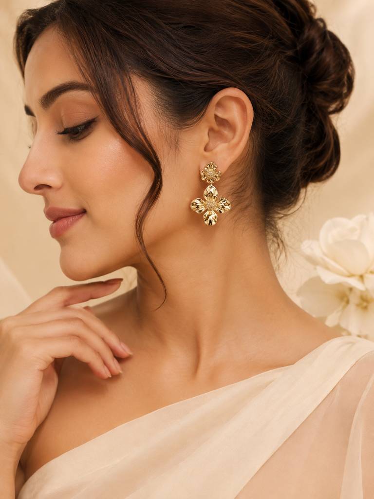 Bold Golden Floral Drop Earrings : AN-LJ-GO-0085-DE