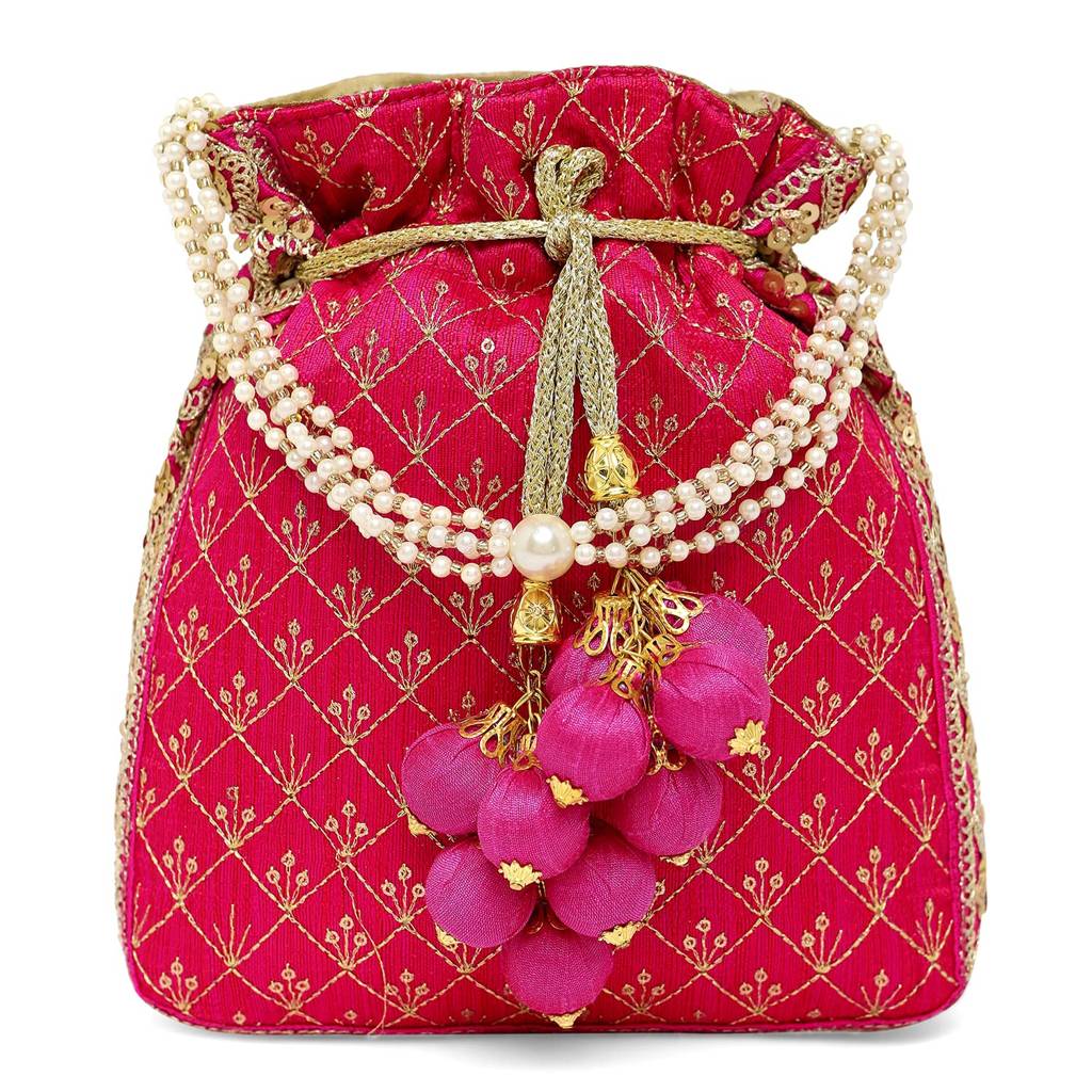 Rani Pink Potli Bag For Women Handmade Evening Wristlet Handbag Stylish Bridal Purse Fashion Bag For Girls (P26Rp) : P26RP