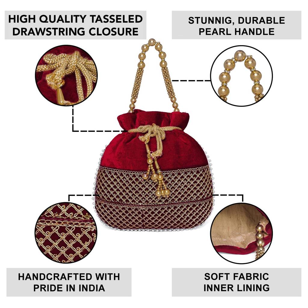 Zari Sequence Potli Bag With Beads Motif Handle For Women Handmade Handbag Stylish Bride Fashion Wristlet Bag For Girl : P197M-F