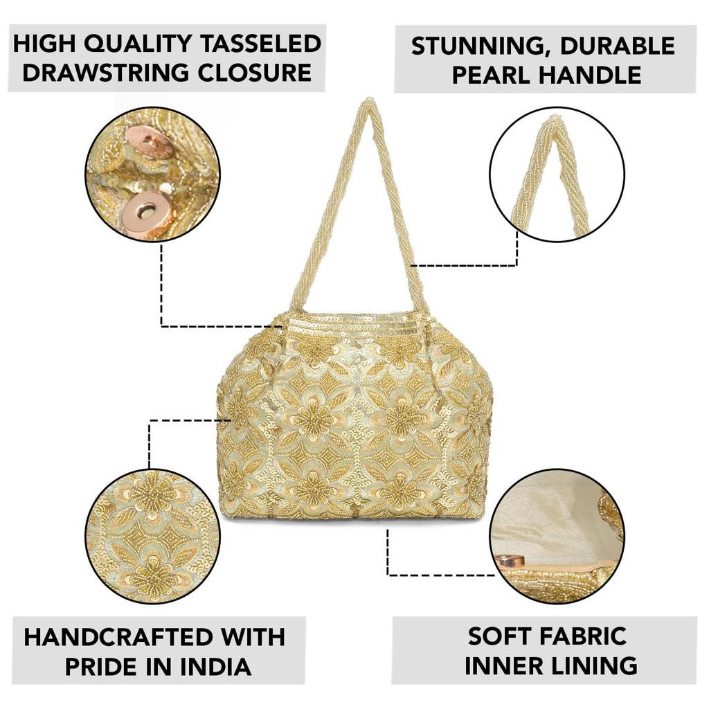 Golden Embroidery Potli Bag Ethnic Wristlet Purse For Women & Girls : P215G