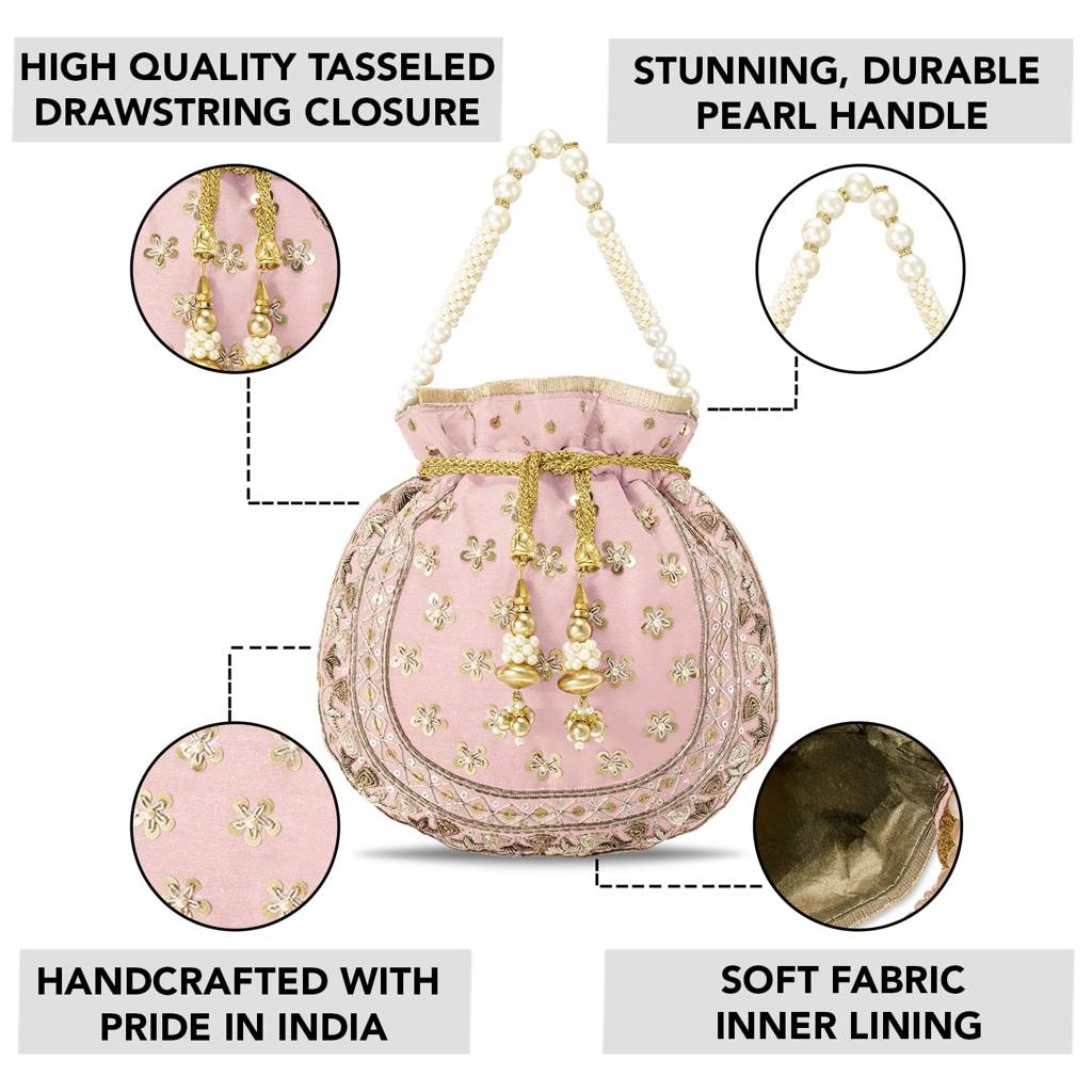 Potli Bags For Women Evening Bag Clutch Ethnic Bride Purse With Drawstring (P54Crm) : P54PK