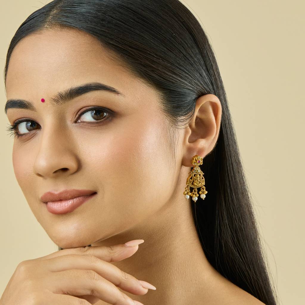 Ruby-Green Gold - Plated Festive Temple Earring - 435616 : 435616