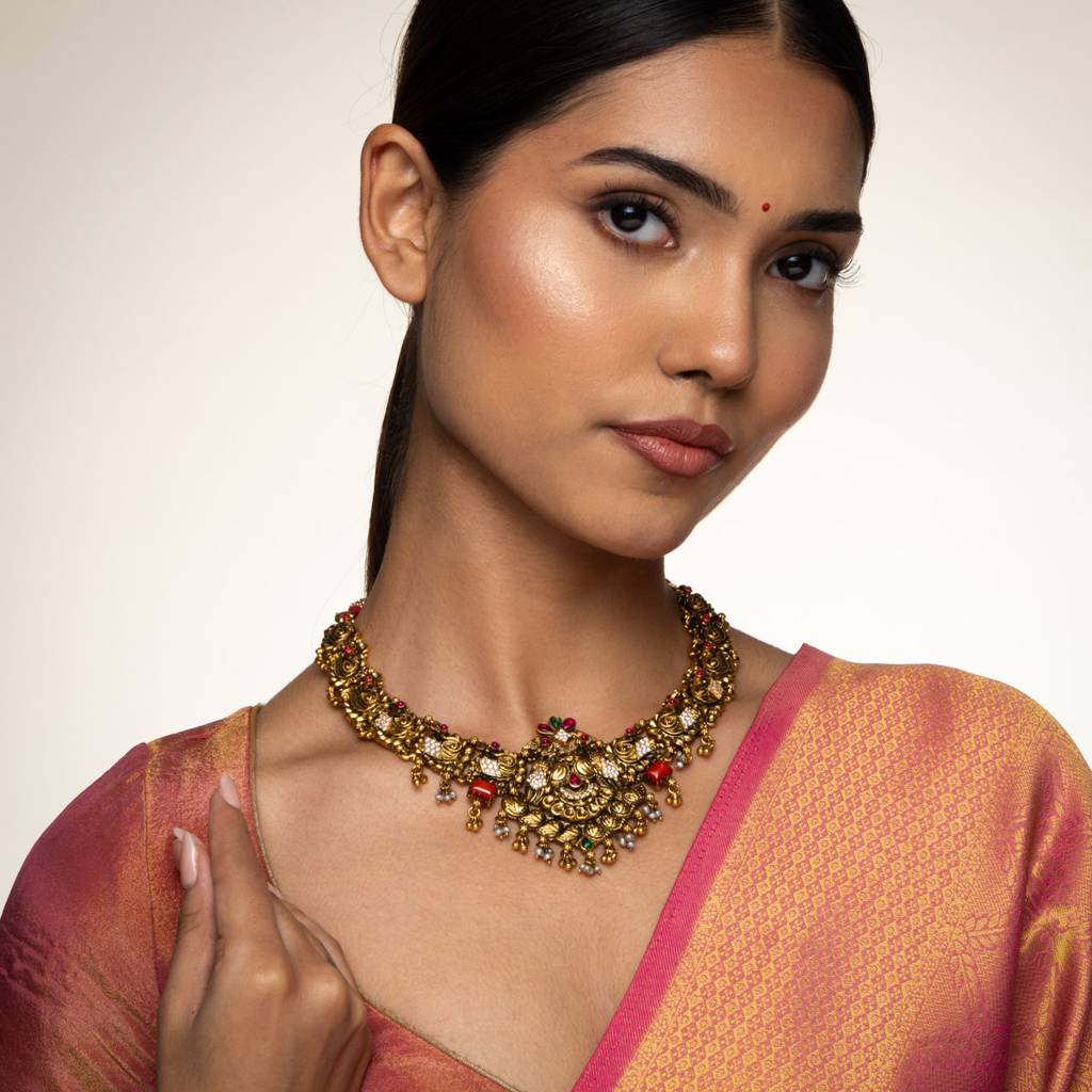 Ruby-Green-Coral Oxidised Gold - Plated Bridesmaid Temple Necklace - 456636 : 456636