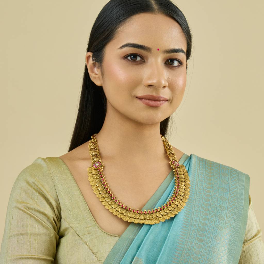 Ruby Oxidised Gold - Plated Bridesmaid Temple Necklace - 431379 : 431379