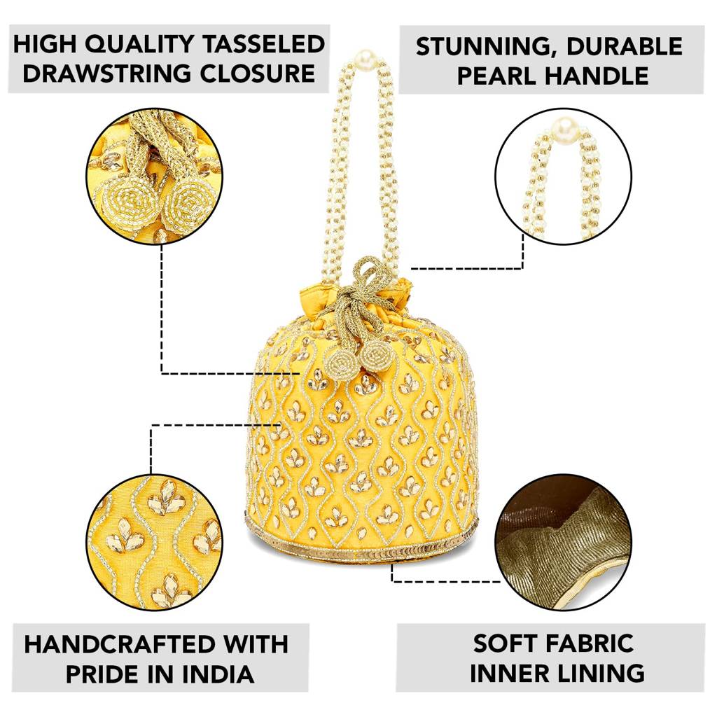 Potli Bag For Women Handmade Evening Wristlet Handbag Stylish Bridal Purse Fashion Bag For Girls (P88B) : P88Y