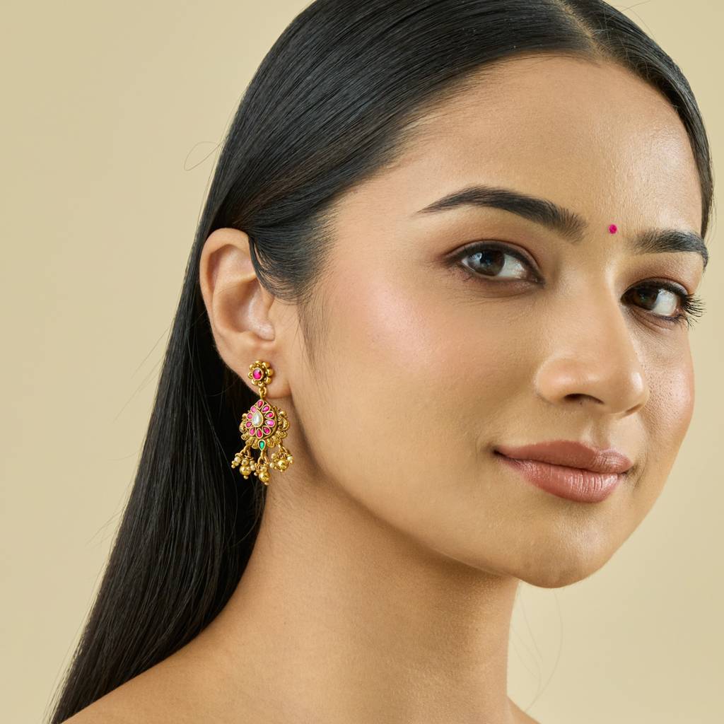 Ruby-Green Gold - Plated Festive Temple Earring - 442351 : 442351