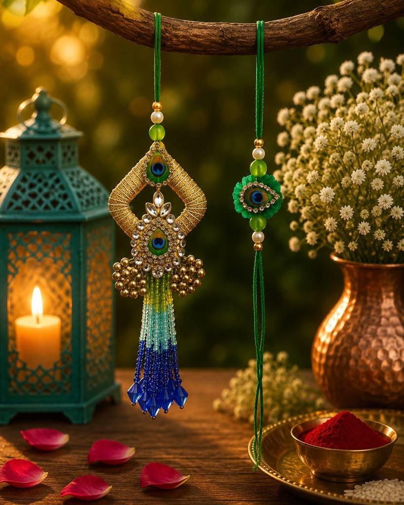 Eternz Certified Jewellery - ABEO INDIA Emerald Peacock Charm Rakhi Set