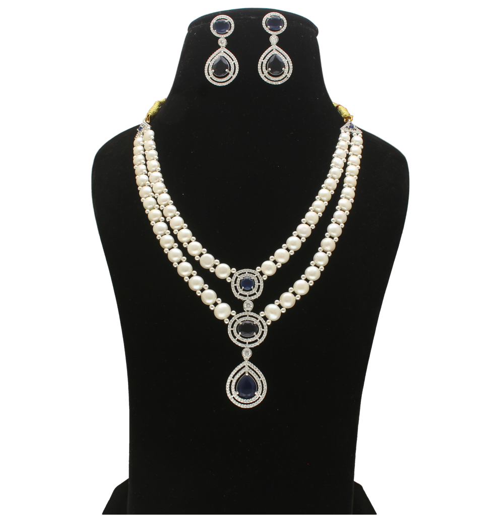 Double Strand Pearl Pendant Necklace Set : JPAPR-26-008