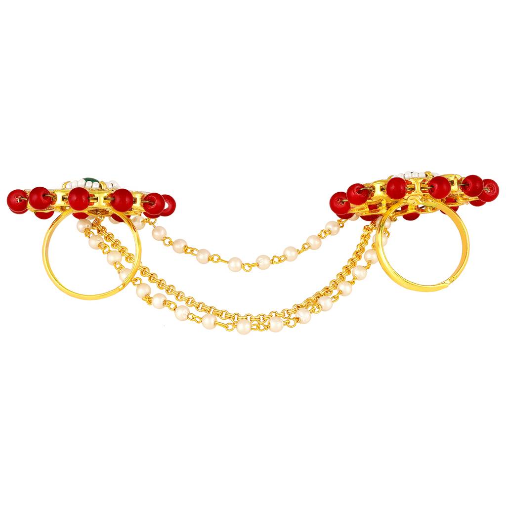 Gold Plated Red Green Kundan & Beads Studded Adjustable Twin Finger Ring Fashion Ethnic Jewellery For Women : PF104R10RG