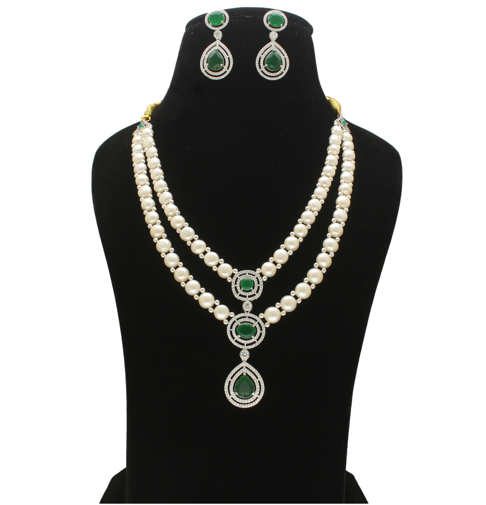 Double Strand Pearl Pendant Necklace Set : JPAPR-26-007