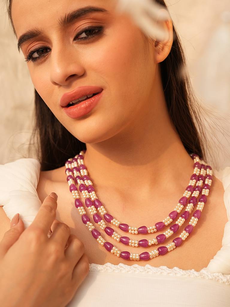 3-Layered Purple And White Beads Necklace Set : 980NKS24RM