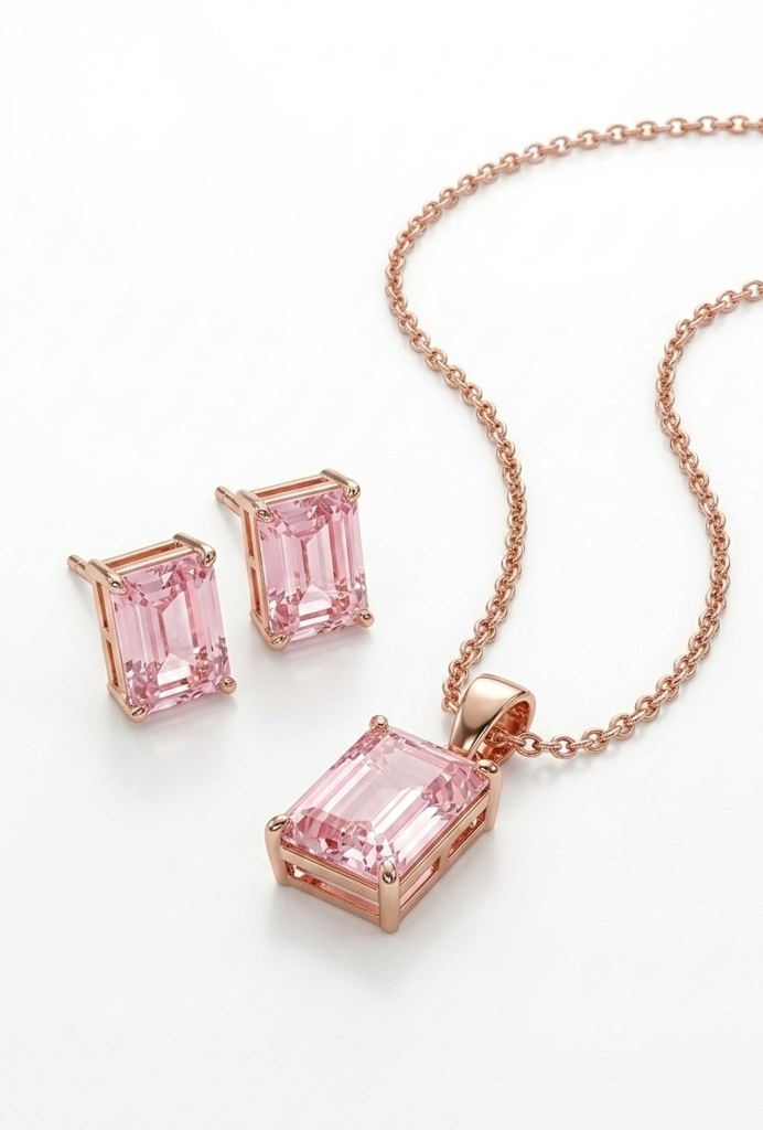 925 Sterling Silver Rose Gold-Plated Pink Stone Jewellry Set With Chain : SMK-PD-SET-002-CHN