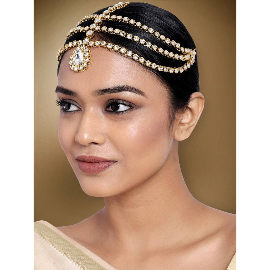Peora Traditional Gold Plated Red Kundan Pearl Maang Tikka  display picture 2