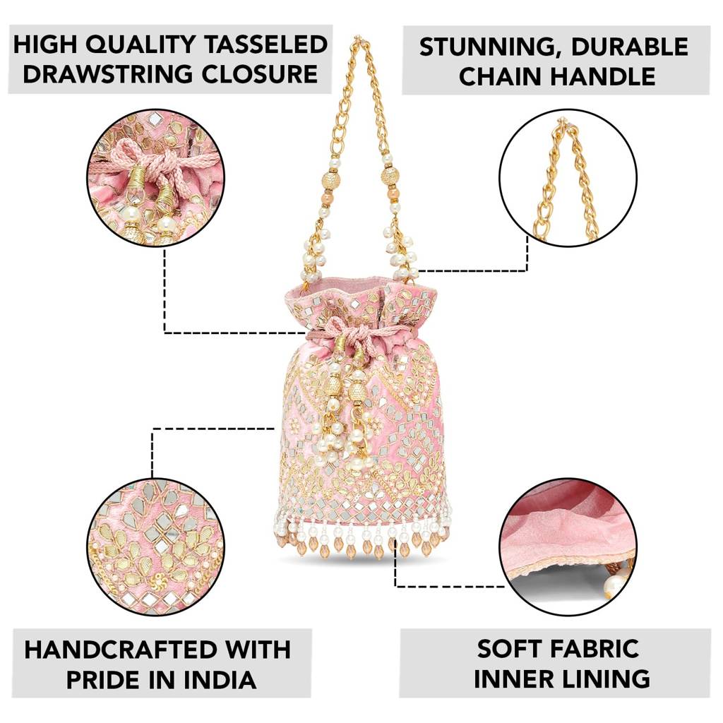 Light Pink Embellished Potli Bag Ethnic Wristlet Purse For Women & Girls : P127GPK