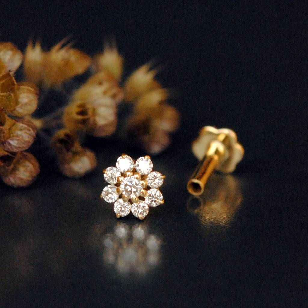 Natural Diamond Floral Nose Stud In 14K Gold : NP229-14Y-E-S