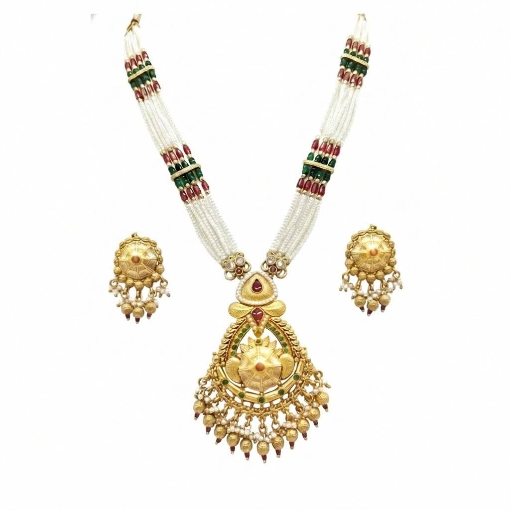Traditional Handcrated Multi-Strand Pearl & Kundan Long Necklace Set With Earrings & Adjustable Dori For Women - Sjn : SJN_340