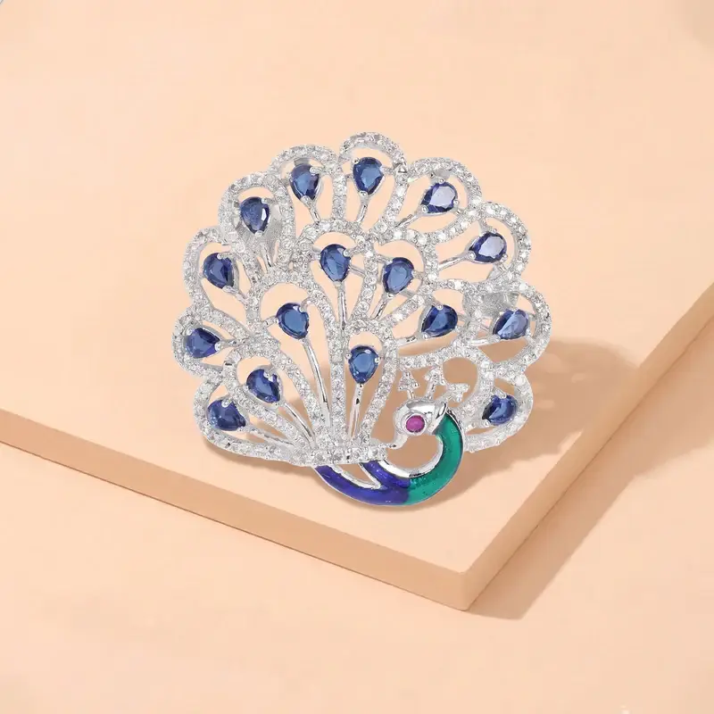 Cz Peacock Feather Brooch Pin For Women | Festive Glam : AD-006-IRBL-BROOCH