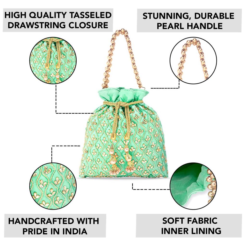Potli Purses For Women Handmade Evening Handbag Stylish Bridal Fashion Wristlet Bag For Girls (P27B) : P27MNT