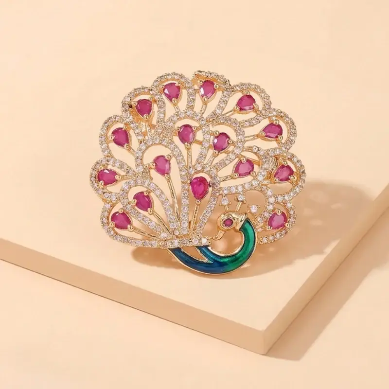 Cz Peacock Feather Brooch Pin For Women | Festive Glam : AD-006-IGRB-BROOCH