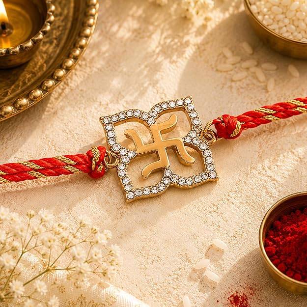 Eternz Certified Jewellery - Estele Gold Plated Holy Swastika Rakhi With Austrian Crystals And Divine Red Silk Thread