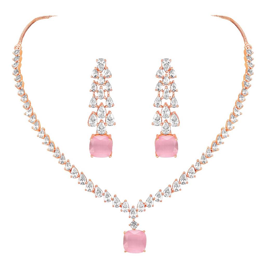 Rose Gold Plated Cubic Zirconia Studded Pretty In Pink Pendant Style Necklace & Drop Earrings Fashion Jewellery S : PF67N95CPK