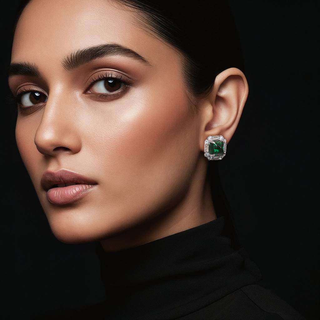 Ultra Premium Emerald Cabochon And Diamond Statement Party Stud Earrings With Premium Screw Backs On Pure 925 Silver : TE2217_2