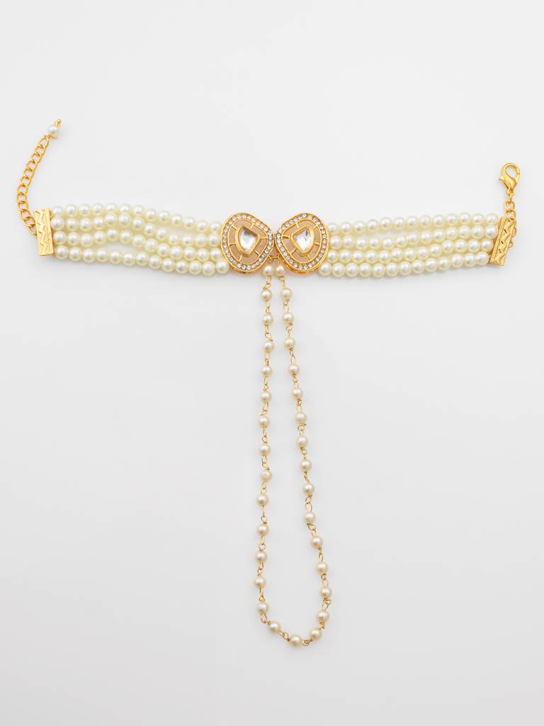 Gold Plated Kundan & Pearl Haathphool Bracelet Â€“ Dual Teardrop Hand Harness Jewelry For Women & Brides : BG2593