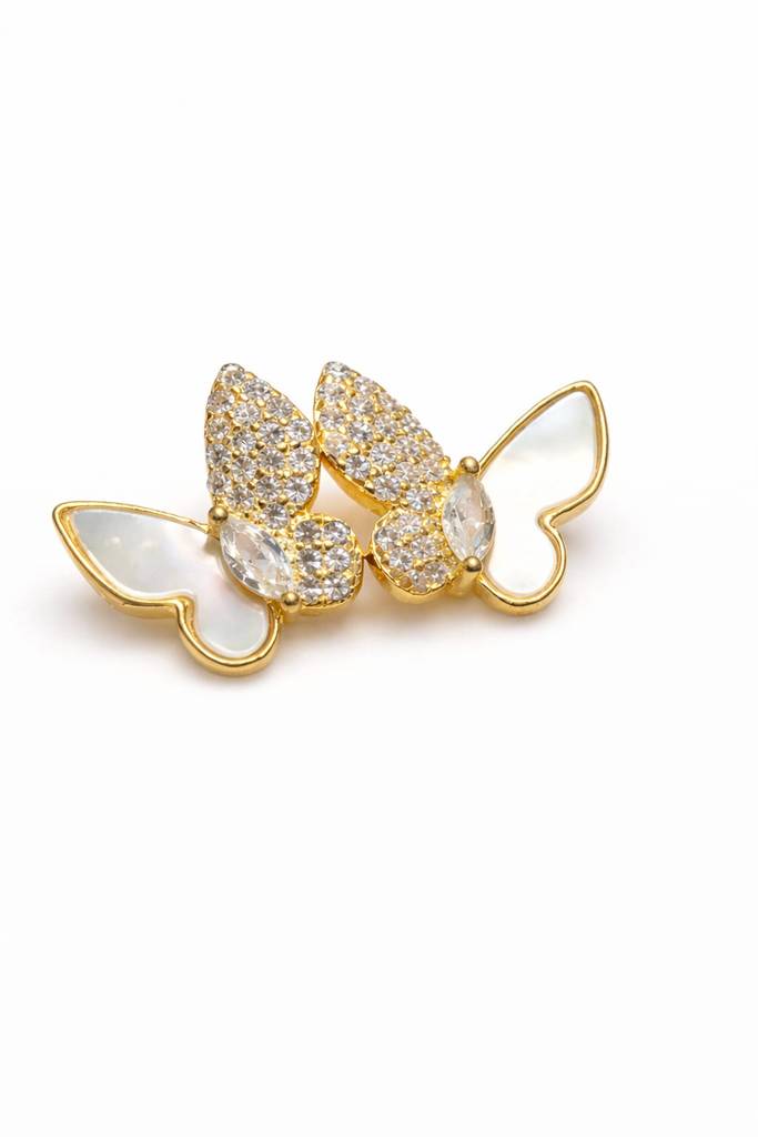 925 Sterling Silver With 22K Gold Plated Dual Wing Butterfly Mother Of Pearl Earrings : SMK-W-ER-044