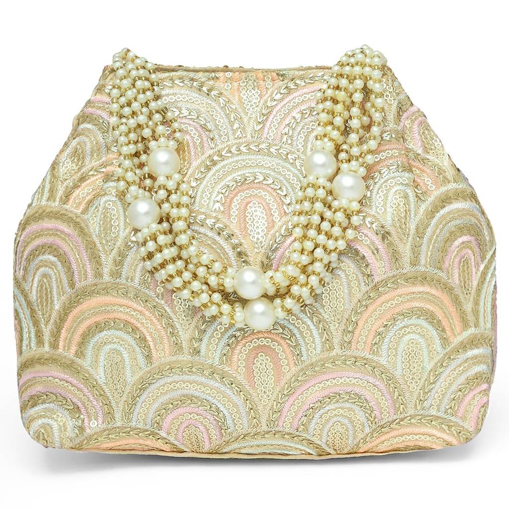 Sequins Motifs Potli Bag For Women Handmade Wristlet Handbag Stylish Bridal Purse Fashion Bag For Girls : P206CRM-L