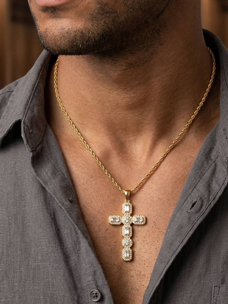 Mens Zircon Cross Pendant Necklace Waterproof Anti-Tarnish 18K Gold Plated : AWX0925P2040WH_M_RE