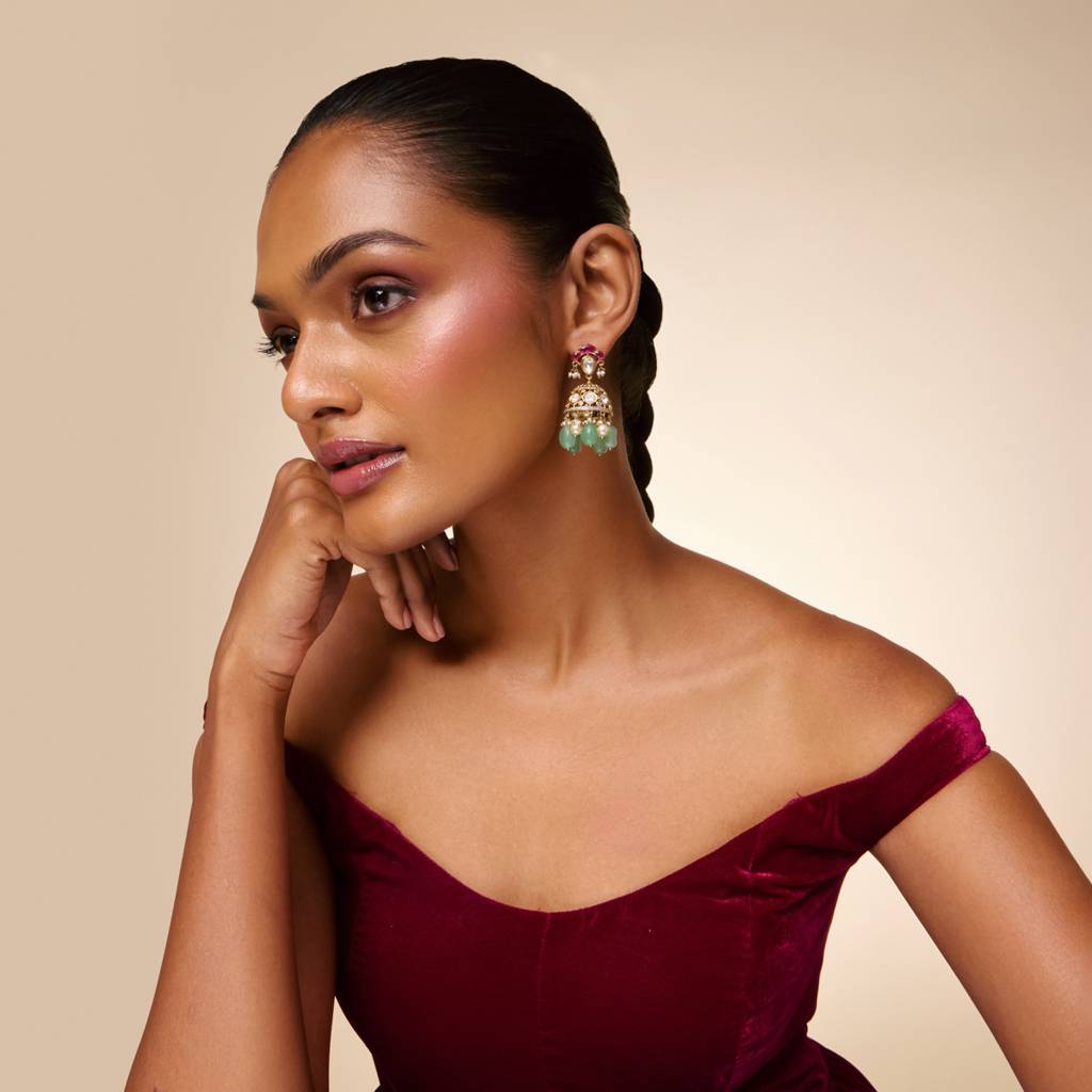 Ruby-Green Victorian - Plated Bridesmaid Kundan Earring - 472332 : 472332