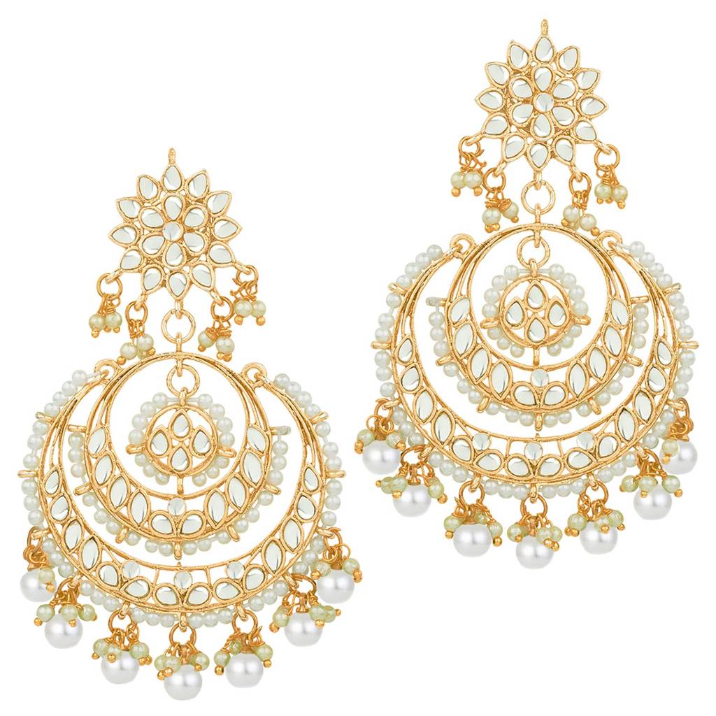 Gold Plated Indian Ethnic Bridal Kundan Pearl Chandbali Earrings For Women Girls Fancy Fashion Traditional Jewellery : PF25E106W
