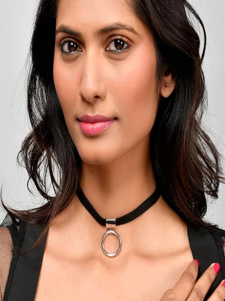 Silver Plated Black Faux Leather With Round Pendant Choker Necklace : ASK0322N450S