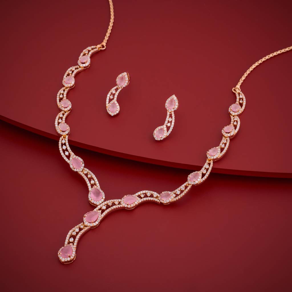 Gold-Rose - Plated Party Wear Zircon Necklace - 469485 : 469484