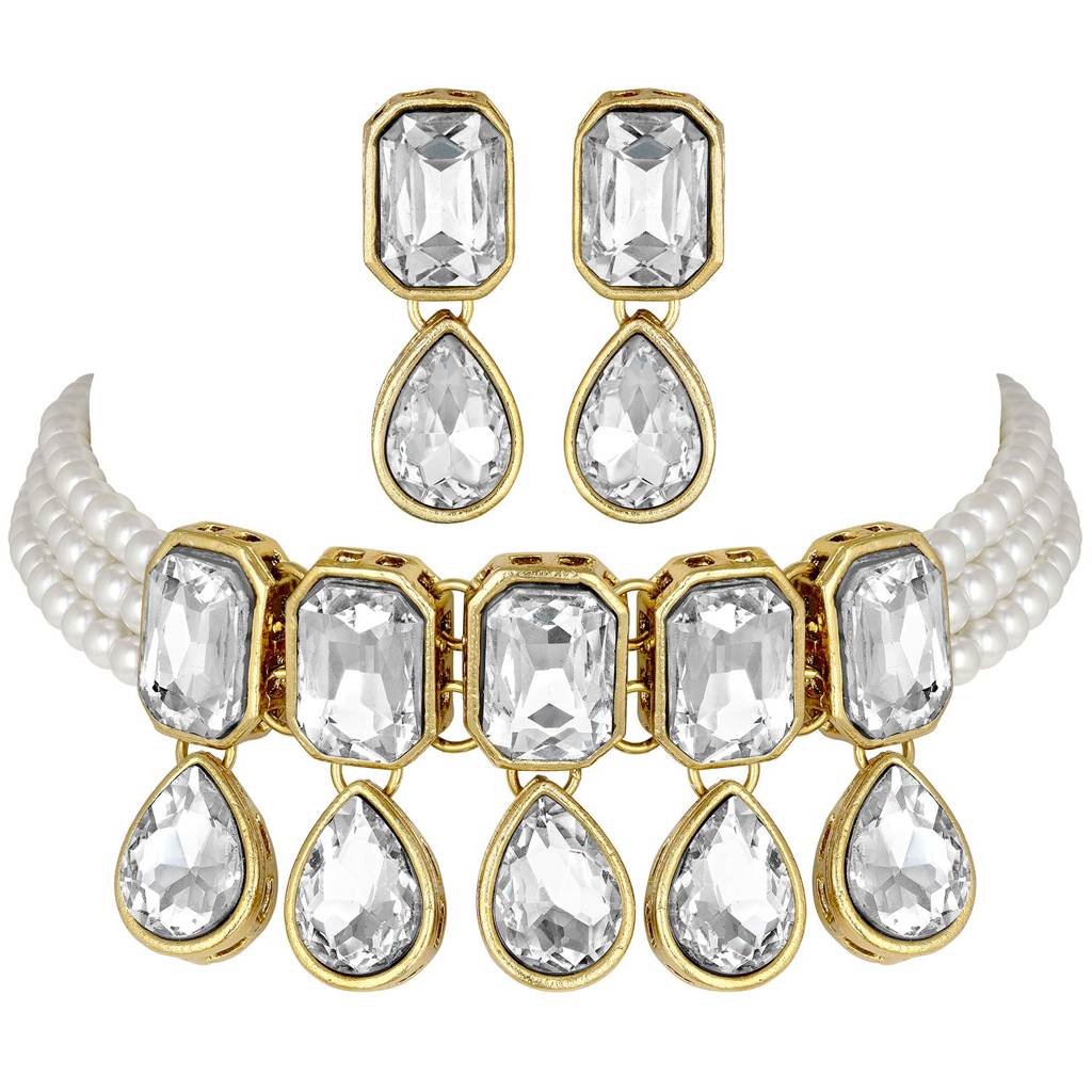 Crystal Pearl Traditional Ethnic Bridal Choker Necklace With Earrings Jewellery Set For Women Girls : PF24N2905W
