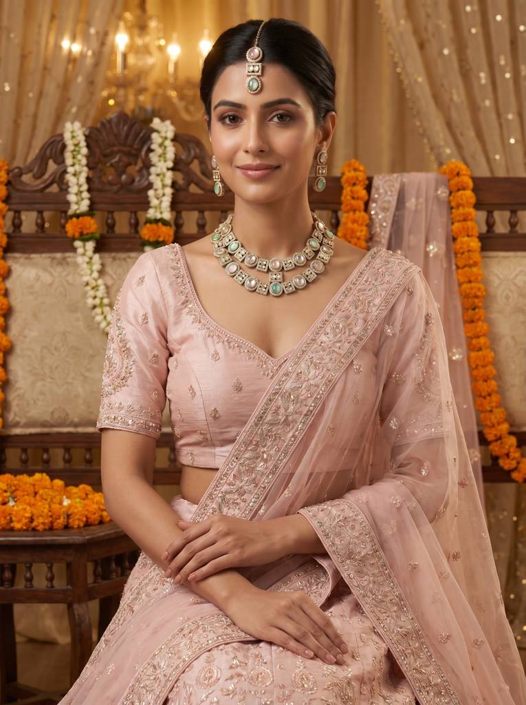 Bridal Double Layer Jewellery Set : HBN-44-MINTPINK