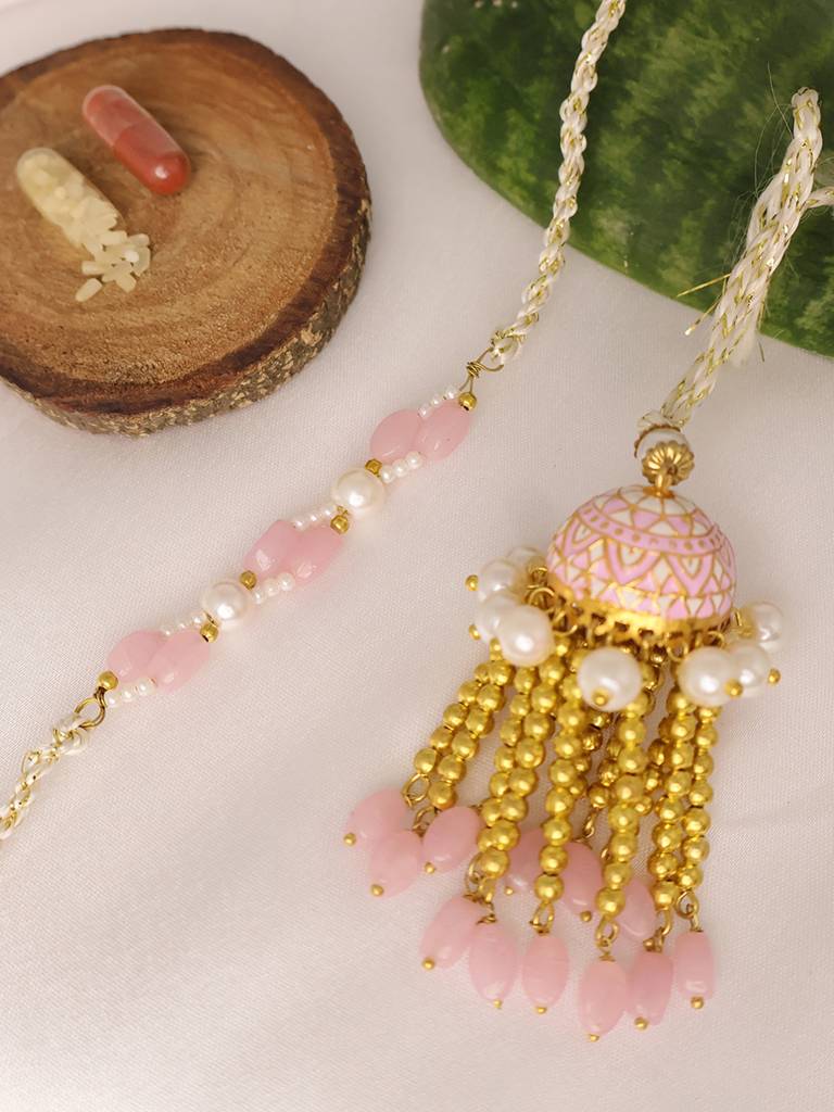 Eternz Certified Jewellery - Be Abhika Blush Pearl Tassel Bhai Bhabhi Rakhi Lumba Set With Roli Chawal Capsules